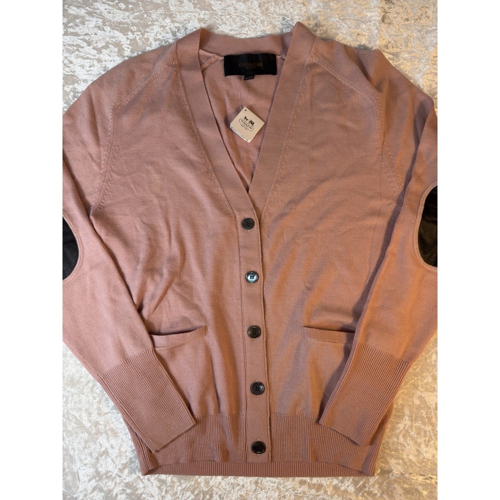 NWT Coach Boyfriend Cardigan XS Deco‎ Pink Merino Wool Leather Elbow Patch